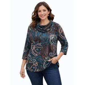 Ruby Rd Teal Appeal Top Medium NWT Paisley Cowl Neck 3/4 Sleeve Blouse